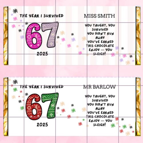 “67” Chocolate Bar Wrapper Designs | 2 Printable Wrappers | Digital Download